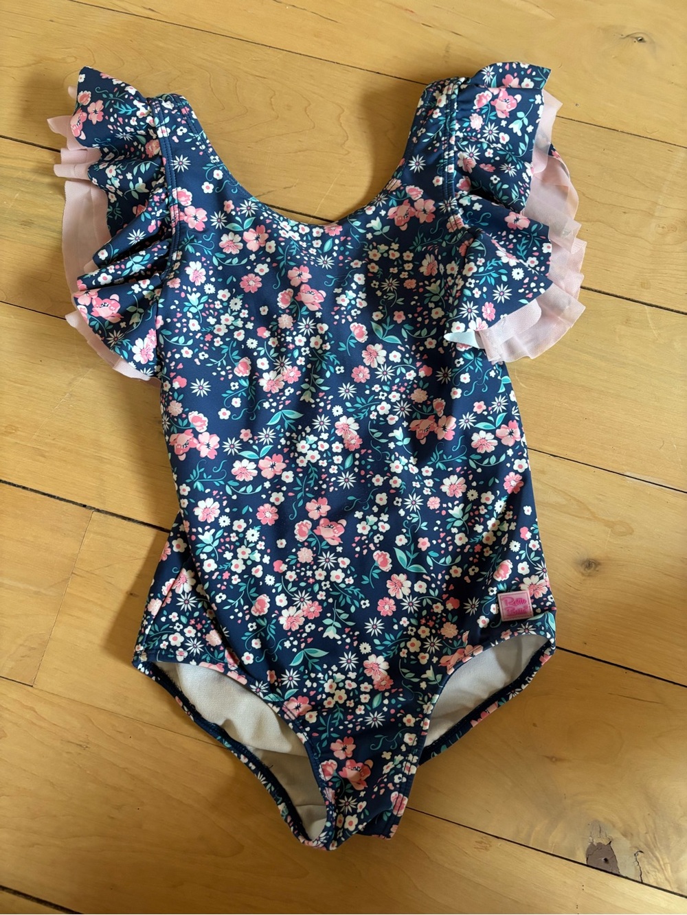 Ruffle Butts White Swimwear with Navy Floral Trim